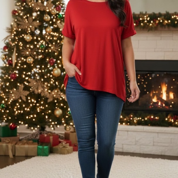 Crown & Ivy Casual Blouse Women’s XL Roll Sleeves Hi-Low Solid Red Dressy Casual - Picture 7 of 7